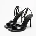 Elegant black PU square toe stiletto sandals with adjustable ankle strap and gold buckle - 38 / Black Oil Wax