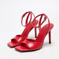 Vibrant red square toe stiletto sandals featuring a minimalist ankle strap and sleek PU finish - 38 / Red Oil Wax