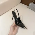 Elegant black patent leather slingback heels with a metallic silver pointed toe cap - 38 / Black Slingback Style (Patent) / 9CM Heel
