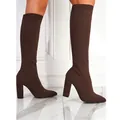 Elegant braune Stretch-Stiefel mit spitzer Kappe und Blockabsatz für Frauen. - 35 / 10CM Absatz / Dunkelbraun