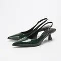 Elegant dark green patent leather pointed-toe slingback heels with unique kitten heel. - 35 / Dark Green