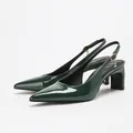 Dark green patent leather pointed-toe slingback pumps with comfortable mid-block heel for work. - 38 / Deep Dark Green Mirror Finish