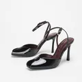 Black mirror-finish peep-toe high heels with elegant ankle straps and stiletto heels - 35 / Black Mirror