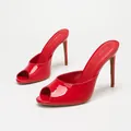Elegant bright red patent leather peep-toe mule sandals featuring high stiletto heels - 38 / Dark Red Mirror