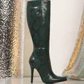 Elegant green snakeskin knee-high boots with pointed toe and high stiletto heels - 35 / Green