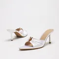 Elegant white satin pointed-toe high heel mule sandals with ruched design and gold bead details - 35 / White