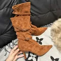 Elegant brown suede slouchy ankle boots featuring pointed toe and buckle straps - 38 / Fleece Lining Style / 8cm Heel / Brown