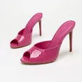Elegant fuchsia pink patent leather peep toe mules with stiletto high heels - Light Rose Mirror