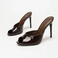 Classic brown patent leather peep toe high heel mule sandals with elegant stiletto heels - Deep Brown Mirror