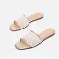 Elegant square toe gold metallic flat slides featuring breathable white mesh strap design - 38 / Beige
