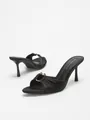 Elegant black gathered satin pointed toe mules with gold hardware and slim high heels. - 35 / Black