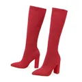 Vibrant red knit stretch knee-high boots with chunky high heels and pointed toe design - Red