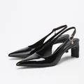 Elegant black patent leather pointed toe slingback high heels with stable block heel - 38 / Black Mirror