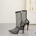 Black mesh ankle boots with rhinestones and stiletto heels for a glamorous look. - 35 / Western Fashion Hollow Stiletto Style (YXB-7139-5) / Black