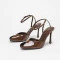 Elegant brown patent leather peep-toe sandals with slim stiletto heels and ankle straps. - 38 / Coffee Mirror