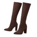 Elegant brown knit stretch knee-high boots with chunky high heels and pointed toes - Tan