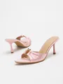 Elegant pink pleated satin stiletto mule sandals with golden hardware detail and slim high heel - 38 / Pink
