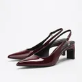 Elegant burgundy patent leather pointed toe slingback pumps with comfortable block heels. - 38 / Burgundy Patent
