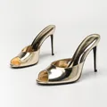 Elegant gold metallic patent leather peep-toe stiletto heel mules for stylish evening wear - Gold Mirror