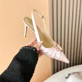 Elegant light pink satin pointed-toe slingback heels with pleated metal ring detail - 34 / Satin Pink