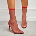Elegant red mesh stiletto ankle boots decorated with sparkling rhinestones and pointed toe - 38 / Western Fashion Hollow Stiletto Style (YXB-7139-5) / Red