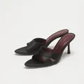 Elegant black satin pointed-toe high-heel mules featuring stylish criss-cross straps - 35 / Black