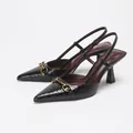 Elegant black crocodile-embossed slingback heels with gold horsebit buckle - 35 / Crystal Texture / Black