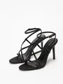 Elegant black satin strappy stiletto sandals featuring cross straps and gold ankle buckle - 38 / High Heel Sandal / Black Satin