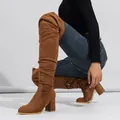 Stylish women's brown suede over-the-knee boots with chunky high heels for fashion - Dark Brown