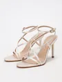 Elegant champagne satin sandals with delicate cross-straps and high stiletto heel - 38 / High Heel Sandal / Apricot Satin