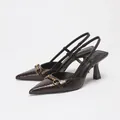 Elegant dark brown crocodile textured slingback pumps with golden horsebit buckle detail - 35 / Crystal Texture / Brown