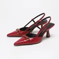Elegant red crocodile pattern slingback high heels featuring gold horsebit buckle - 35 / Crystal Texture / Red