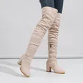Fashionable beige suede over-the-knee slouch boots featuring chunky high block heels - Apricot