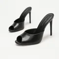 Elegant black peep-toe stiletto heeled mules for women, classic open-toe high heels. - 35 / Black PU