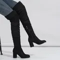 Stylish black suede over-the-knee boots with chunky high heels for women footwear. - Black