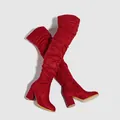 Fashionable red suede over-the-knee boots featuring chunky high heels and slouchy shaft design - Red