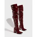 Bottes cuissardes bordeaux en cuir verni brillant à bout pointu et talon épais pour femme - 35 / Bordeaux