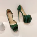 Dark green crocodile texture peep toe platform stiletto pumps with ultra high 16cm heels - 35 / Green Peep Toe Sandals