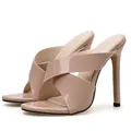 Elegant nude patent leather cross-strap peep-toe high-heeled mule sandals for women - 35 / Apricot
