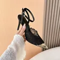 Elegant black lace mesh pointed toe high heels with gold metallic toe cap detail - 34 / Black