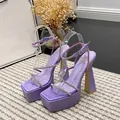 Elegant purple chunky heel sandals with rhinestone straps and a high platform - 35 / Purple
