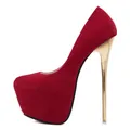Side view of red suede high heel pumps with gold stiletto and platform - 34 / Red