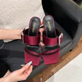 Elegant burgundy satin square toe high heel sandals featuring a luxury rhinestone buckle - 34 / 8cm Heel / Satin Red