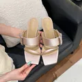 Elegant champagne satin square toe heeled sandals featuring a rhinestone buckle. - 34 / 8cm Heel / Champagne