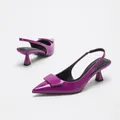 Elegant purple mirror patent leather pointed-toe slingback heels with square decorative buckle - 35 / Purple