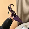 Elegant purple pointed-toe high heels featuring lace mesh and a stylish bow - 34 / Satin Purple (8cm Heel)