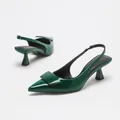 Escarpins slingback d'été à finition miroir vert foncé avec bout pointu et boucle carrée - Vert Foncé