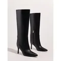 Eleganti stivali alti neri a punta con tacco a spillo e dettaglio zip laterale - Nero PU