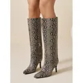 Stylish snakeskin pattern pointed toe stiletto boots with side zipper in grey and brown - Khaki Snake