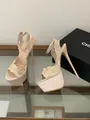 Elegant beige lace embroidered platform high heel sandals with delicate ankle strap detail. - 35 / Apricot